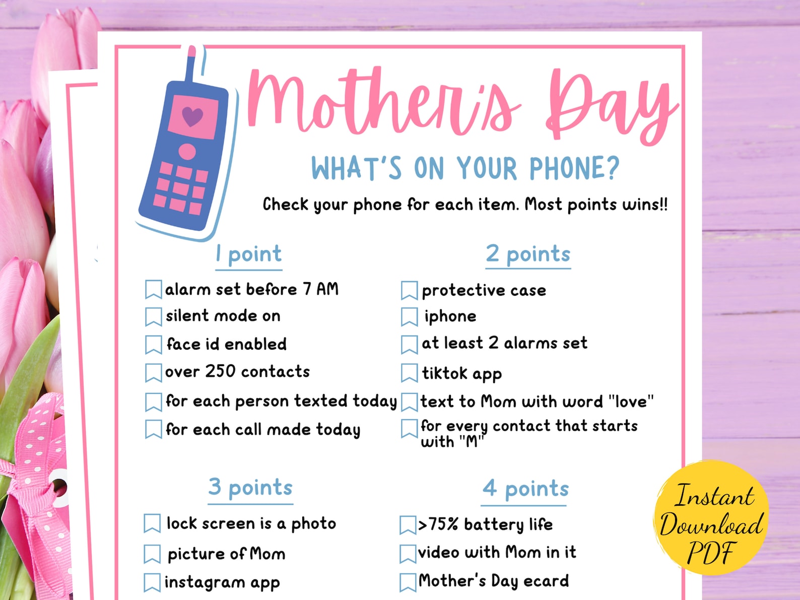 WHATS on YOUR PHONE Game Mothers Day Party Game Printable Mothers Day ...