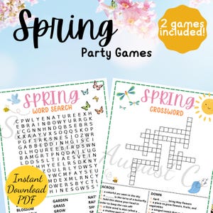 May include: Two printable spring-themed party games: a word search and a crossword puzzle. The word search features the words "nature", "rainbow", "garden", "blossom", "grass", and "grow". The crossword puzzle has a bee, a butterfly, and a sun with a smiling face.