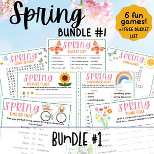 May include: A printable spring-themed activity bundle with six fun games, including a word search, picture clues, scavenger hunt, crossword, think fast, and this or that. The bundle also includes a free spring bucket list. The games feature colorful illustrations of flowers, butterflies, rainbows, and a bicycle.