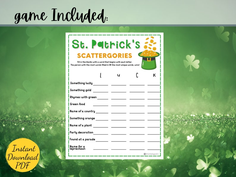 St. Patrick's Day SCATTERGORIES Game St. Patrick's Day Party Game Printable St. Patricks Party Activity Scattergories Kids & Adults image 3