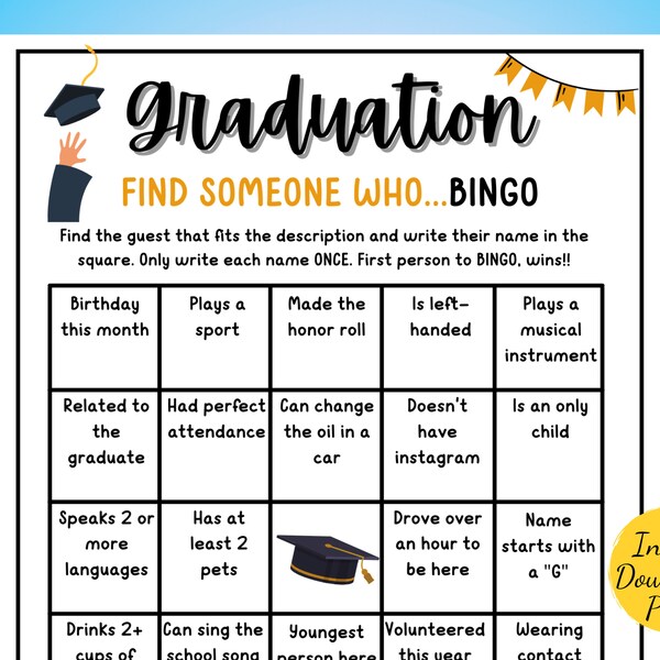 Graduation BINGO Game - Graduation Party Game - Find the Guest Bingo Printable - High School Graduation - College Graduation - Class of 2024