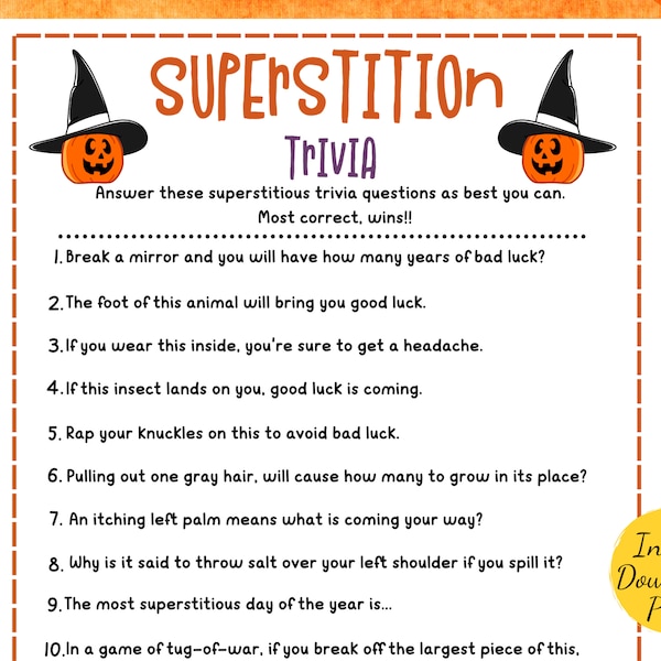 SUPERSTITIONS Game - Halloween Party Game - Printable Halloween Party Activity - Halloween Superstitions Trivia Game - Halloween Trivia