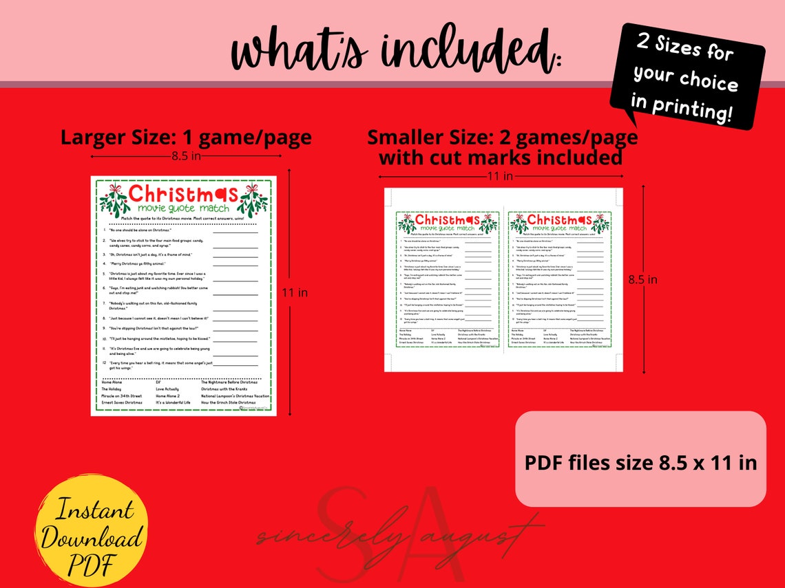 Christmas Movie Quotes Matching Game Christmas Party Game Printable ...