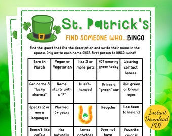 Jeu BINGO de la Saint-Patrick - Bingo Find the Guest de la Saint-Patrick - Jeu de fête de la Saint-Patrick - Jeu de BINGO imprimable - Adultes