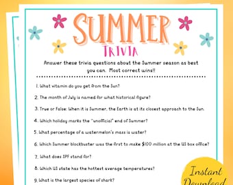 Summer TRIVIA Game: Printable Party Game (PDF Download)