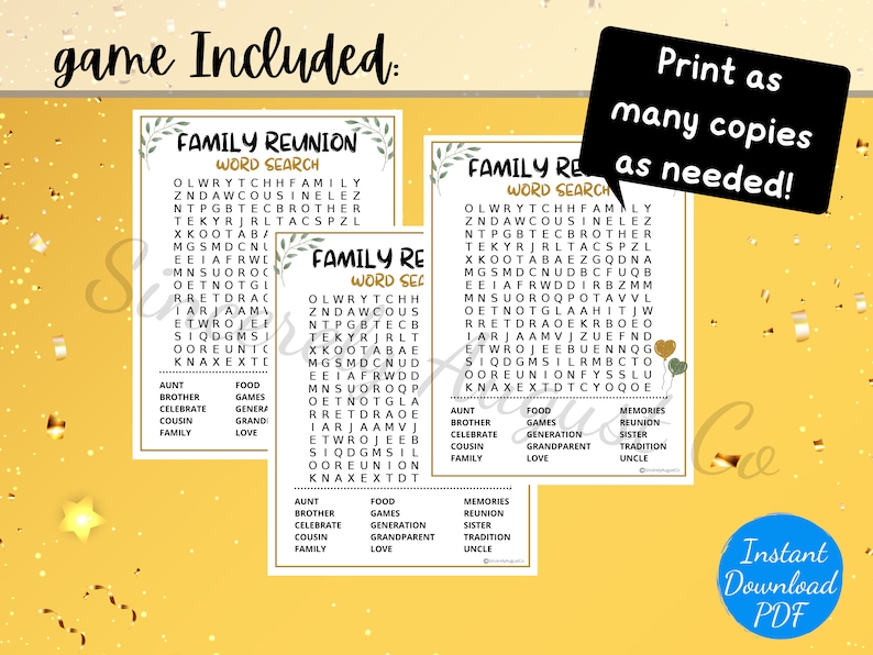 Family Reunion WORD SEARCH - Family Reunion Party Game - Printable ...