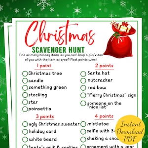 SCAVENGER HUNT CHRISTMAS Game - Christmas Party Game - Printable Christmas Party Activity - Scavenger Hunt - Christmas Eve - Kids & Adults