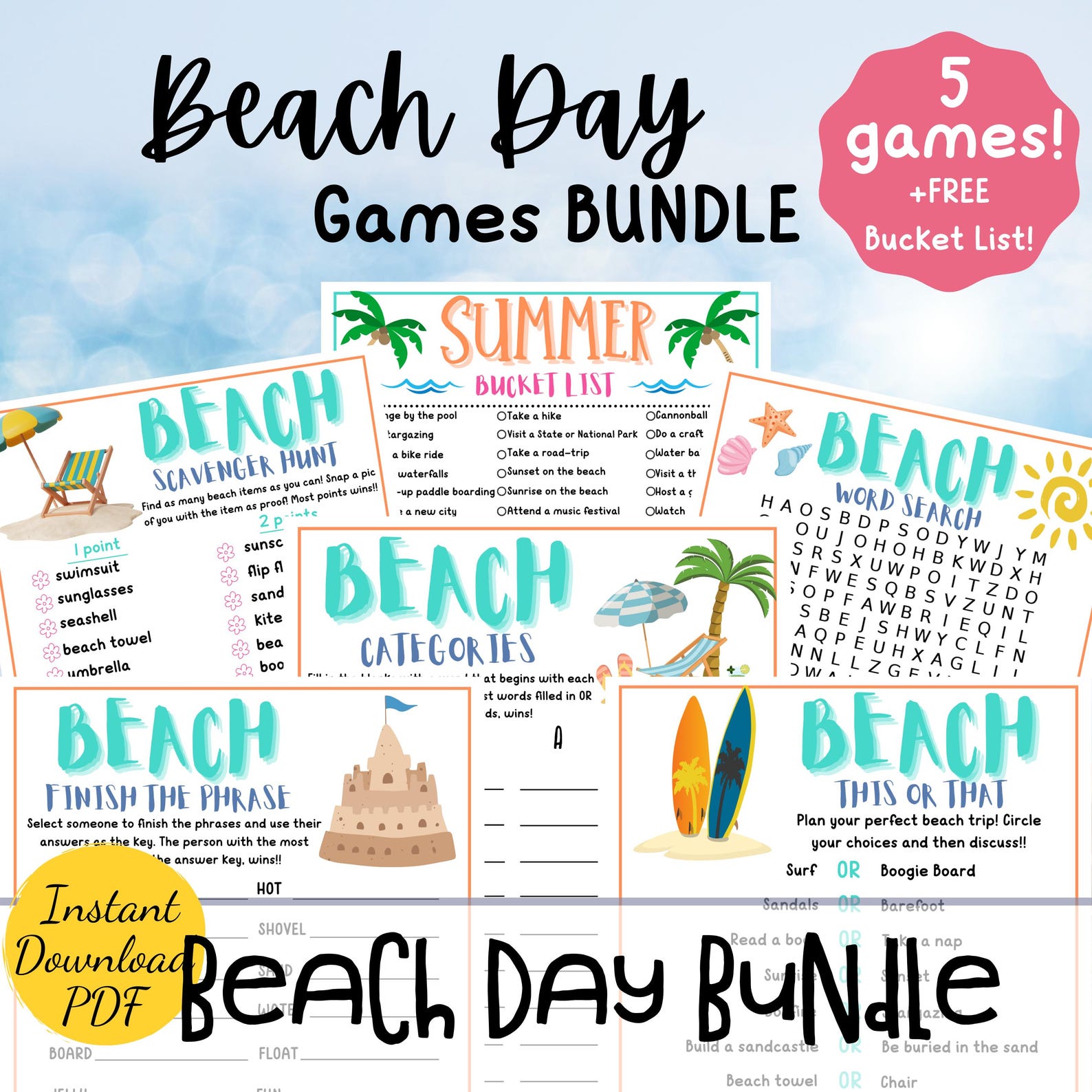Beach Day Games BUNDLE: Printable Summer Activities (PDF Download) - Etsy