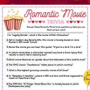Romantic Movie TRIVIA Game - Valentines Day Party Game - Printable Valentines Party Activity - Romantic Movies - Galentines Day - Trivia