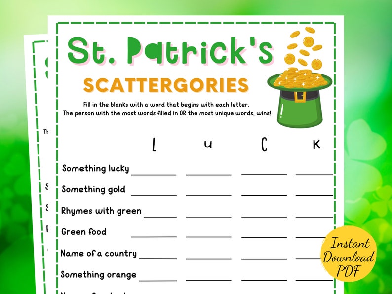 St. Patrick's Day SCATTERGORIES Game St. Patrick's Day Party Game Printable St. Patricks Party Activity Scattergories Kids & Adults image 1