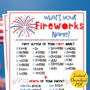 What&#39;s Your FIREWORKS NAME? - July 4th Party Game - Printable July 4th Party Activity - Fireworks Name - July 4th Name - Kids & Adults