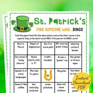 St. Patrick's Day VIND IEMAND die BINGO-spel: feestactiviteit (afdrukbaar)