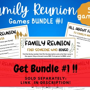 以下が含まれることがあります： 「Get Bundle #1!!」と「Sold Separately: Link in Description!」と書かれた赤と金のバナー。バナーは、印刷可能な家族の再会のゲームカード5枚の前にあります。カードのタイトルは、「Family Reunion Trivia」、「Family Reunion Find Someone Who... Bingo」、「All About Family TV Family Match」、「Family Reunion Categories」、「Family Reunion Never Have I Ever」です。