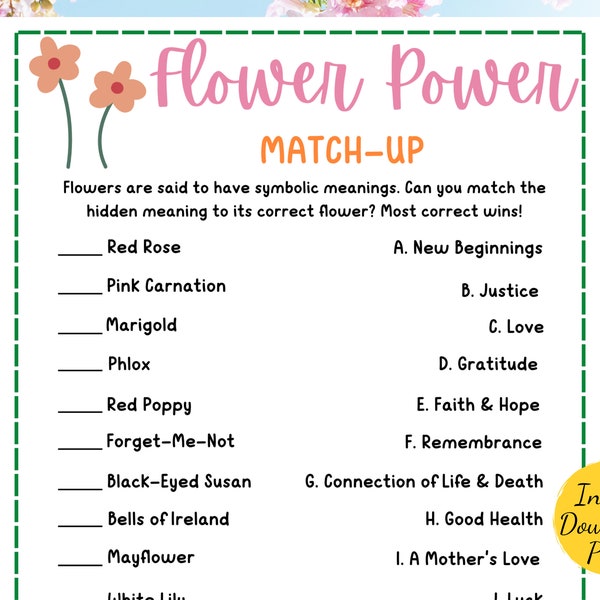 Spring FLOWER POWER Matching Game - Flower Meanings Match - Meaning of Flowers - Language of Flowers - Mothers Day Game - Spring Season Game