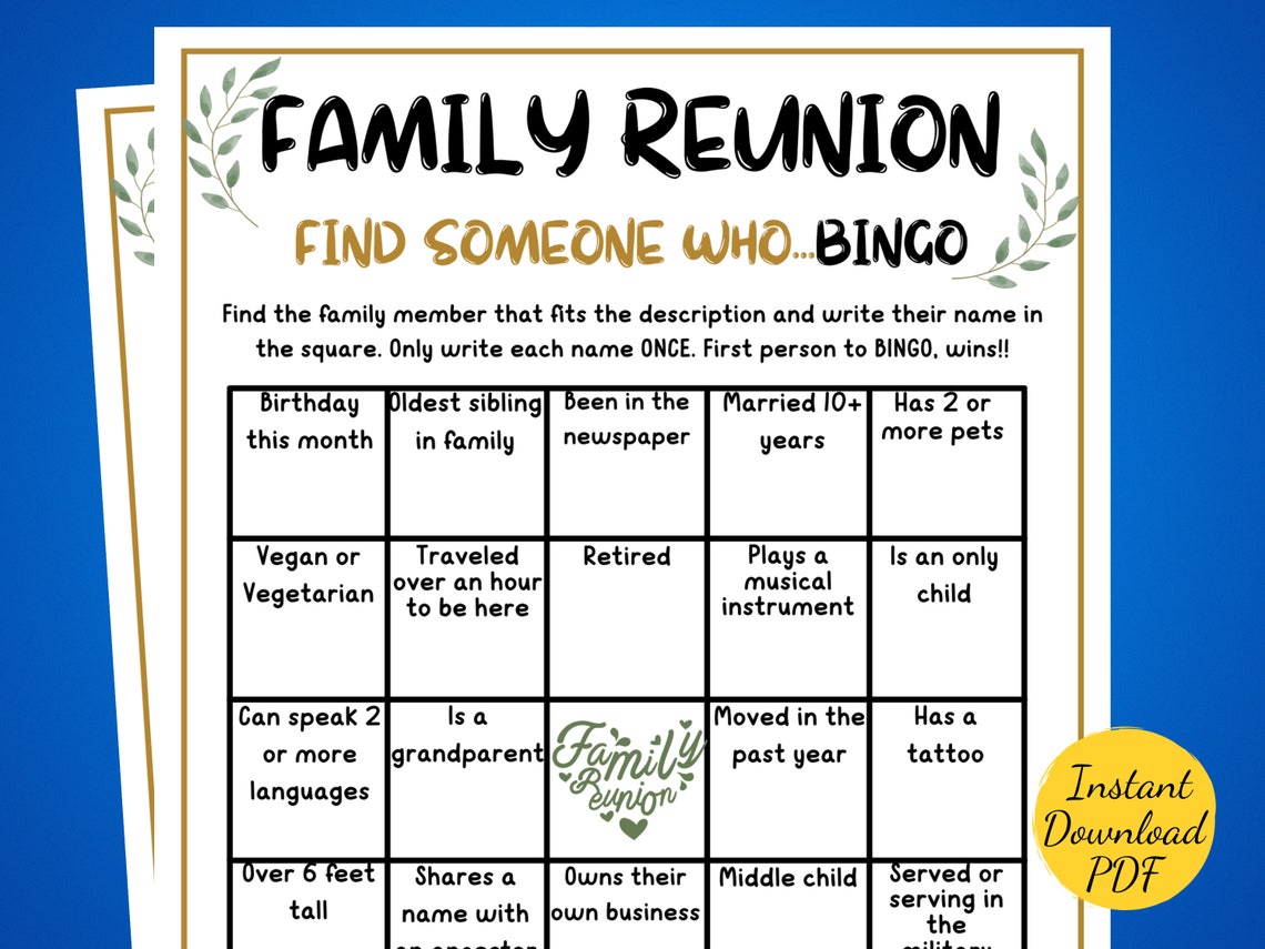FAMILY REUNION BINGO Game Family Reunion Find the Guest Bingo Family ...