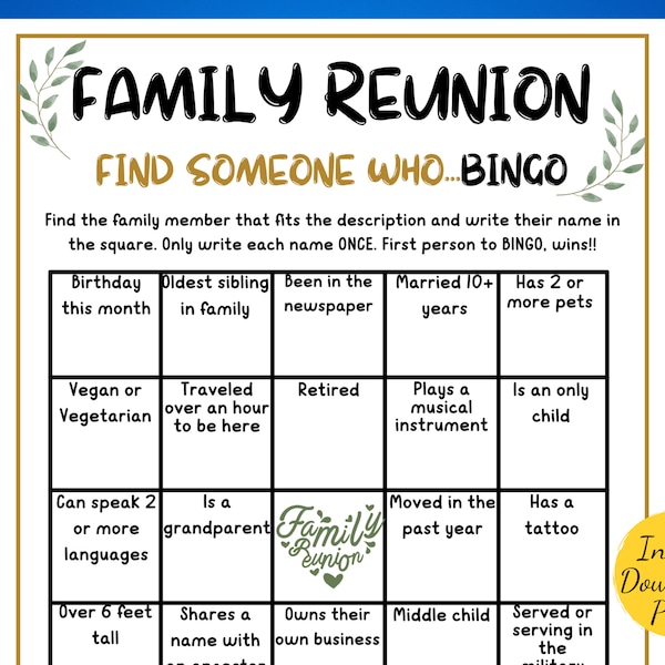 FAMILY REUNION BINGO Game - Family Reunion Find the Guest Bingo - Family Party Game - Printable Bingo Game - Fun Family Reunion Game