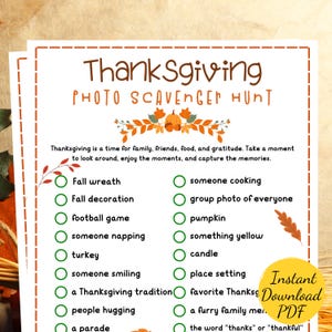 Thanksgiving PHOTO SCAVENGER HUNT Game (Printable)