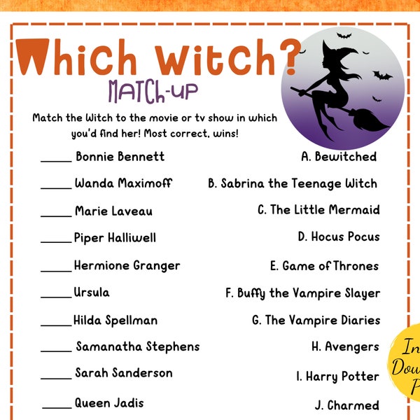 WHICH WITCH? Halloween Match Game - Printable Halloween Party Activity - Game for Kids & Adults - Halloween For Classrooms, Families, Groups