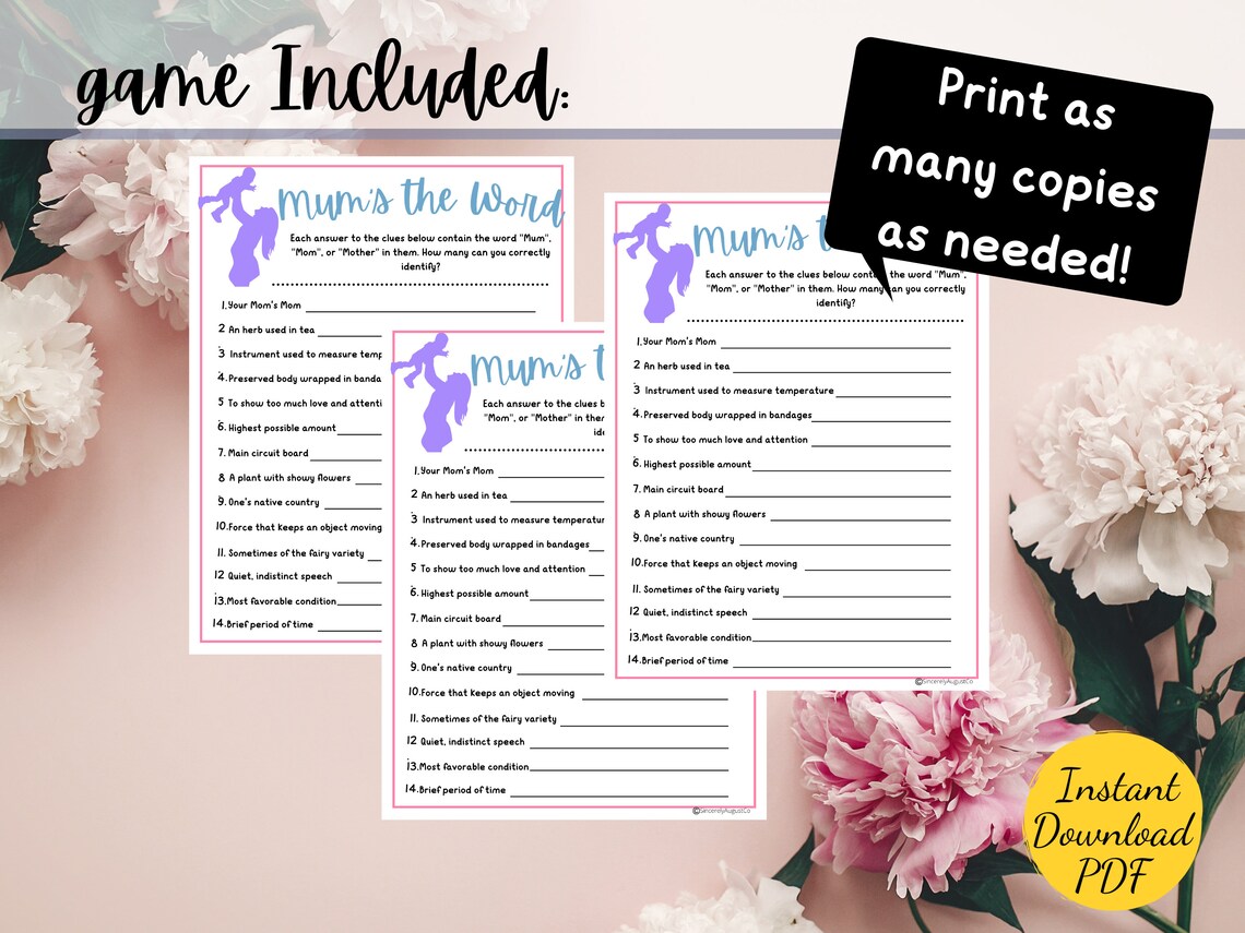 MUMS THE WORD Mothers Day Game Mothers Day Party Game Printable Mothers ...