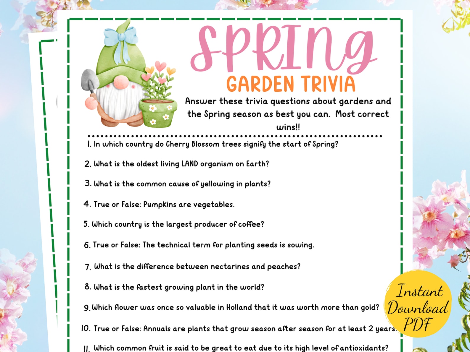 Spring GARDEN TRIVIA Game Printable Spring Season Party Game Spring ...