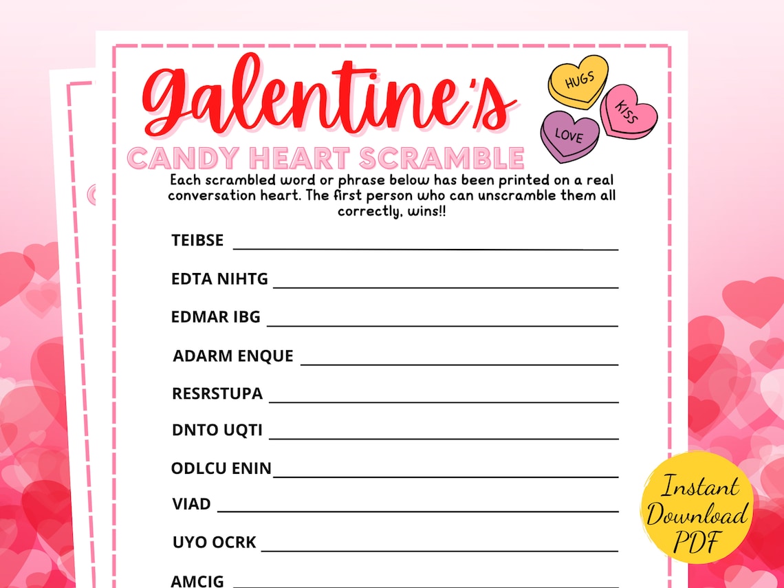 Galentines Candy Hearts WORD SCRAMBLE Game Galentines Day Party Game