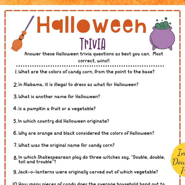 Halloween TRIVIA - Halloween Party Game - Printable Halloween Party Activity - Halloween Games for Adults & Kids - Spooky Trivia for Parties