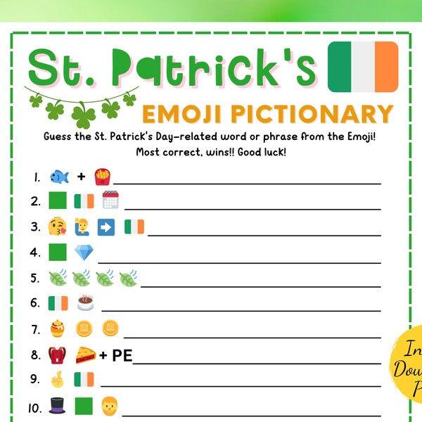 St. Patrick's Day EMOJI PICTIONARY Game - St. Patrick's Day Party Game - Printable St. Patricks Activity - Emoji Pictionary - Kids & Adults