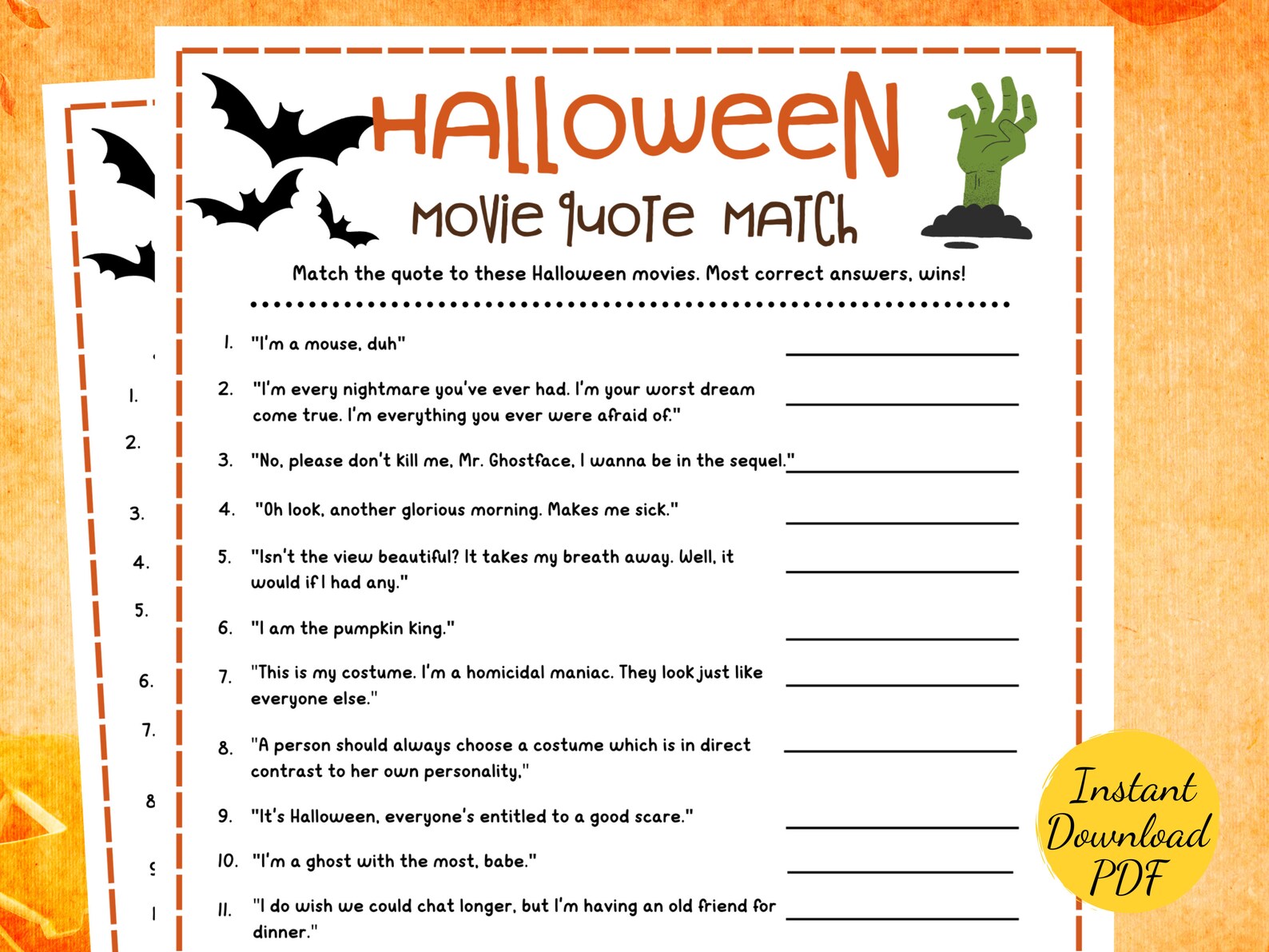 Halloween Movie Quote Match Halloween Party Game Printable Etsy