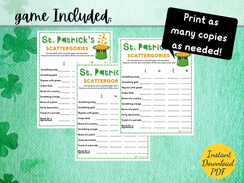 St. Patrick's Day SCATTERGORIES Game St. Patrick's Day Party Game Printable St. Patricks Party Activity Scattergories Kids & Adults image 4