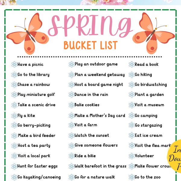 SPRING BUCKET LIST - Druckbare Liste der Frühlingsaktivitäten - Frühlingsideen zu tun - Spaßfrühlingsspiele und -aktivitäten für Kinder, Erwachsene - Bucket List