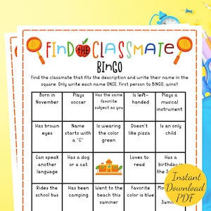 Back to School BINGO Game: FIND The CLASSMATE Icebreaker (Printable)