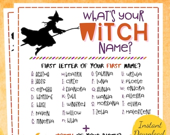 Juego de Halloween con el nombre de la bruja: Actividad imprimible para fiestas (PDF)
