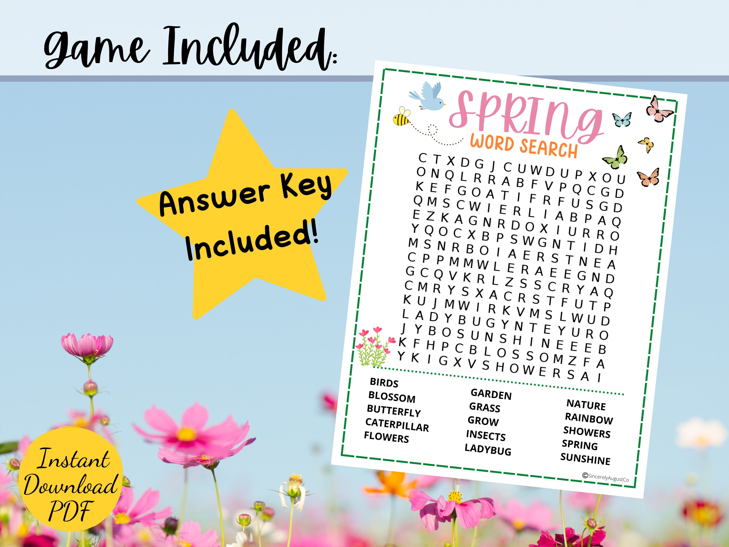 Spring WORD SEARCH Spring CROSSWORD Printable Spring Season Party Game