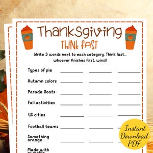 Thanksgiving THINK FAST - Thanksgiving Party Game - Printable Thanksgiving Party Activity - Friendsgiving - Fun Turkey Day Game - Kids/Adult