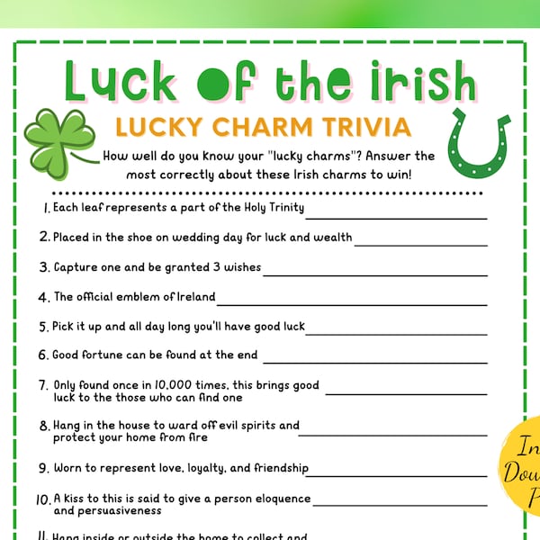 LUCK of the IRISH Game - St. Patrick's Day Party Game - Printable St. Patrick's Party Activity - Lucky Charm Trivia - St. Patrick's Trivia