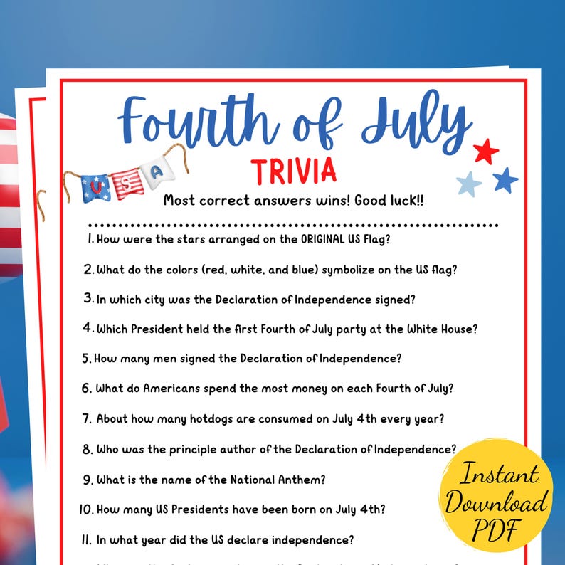 Fourth of July TRIVIA Game: Printable Independence Day Activity (PDF ...