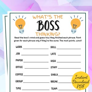 Può includere: Un gioco stampabile chiamato "Cosa sta pensando il capo?" con una grafica a forma di lampadina. Il gioco include un elenco di parole come "lavoro", "lavoro", "carta", "ufficio", "caffè", "gruppo" e "tempo" a sinistra e "abilità", "in ritardo", "alto", "personale", "presto", "pausa" e "squadra" a destra.