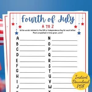 Fourth of July A TO Z Game - July 4th Party Game - Printable July 4th Party Activity - A to Z - Independence Day Celebration Game