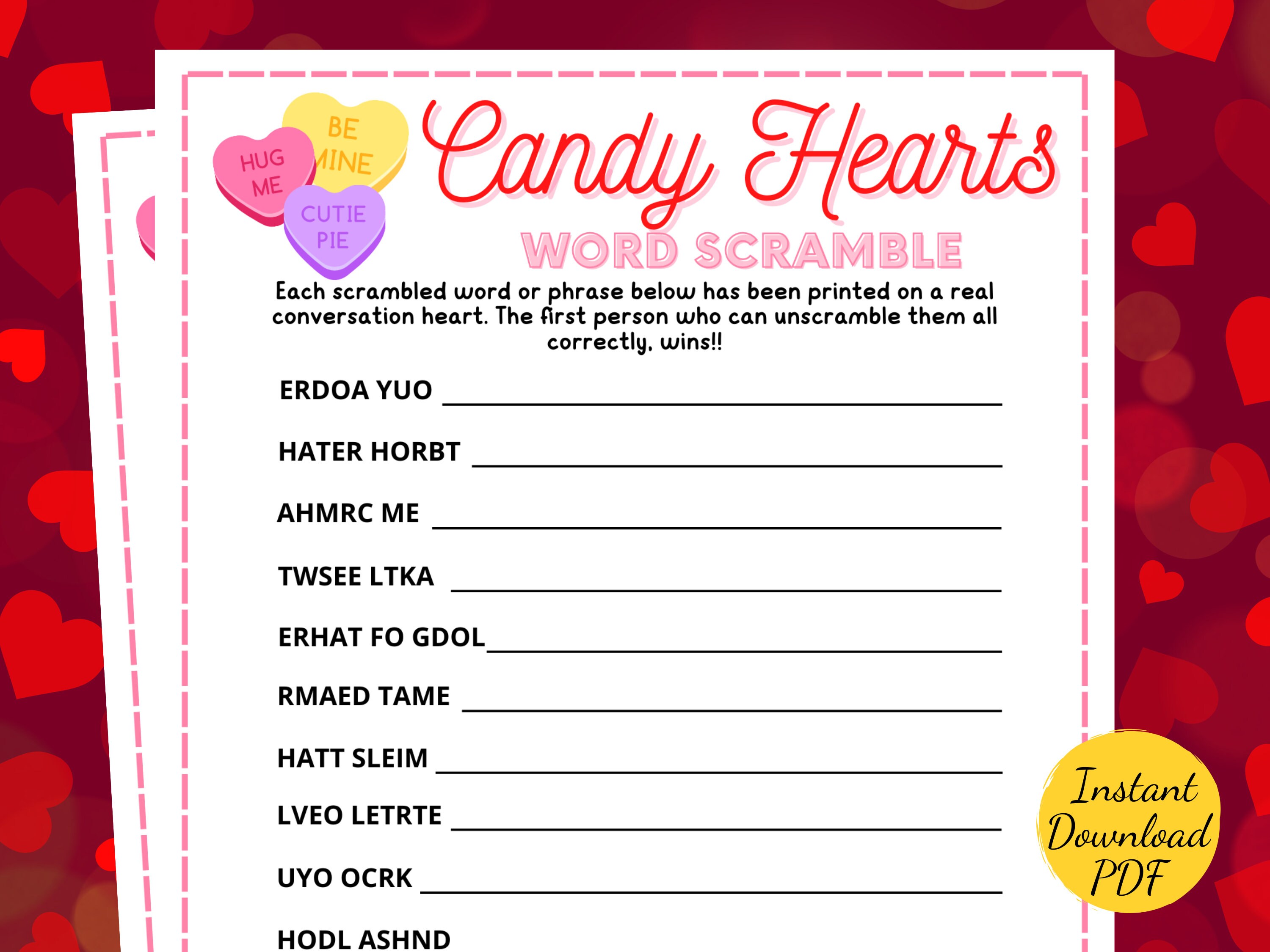 Candy Hearts Valentines WORD SCRAMBLE Valentines Day Party Game