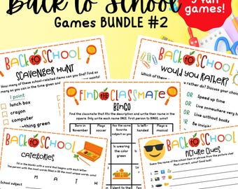 May include: A set of printable back to school games for kids. The games include a scavenger hunt, bingo, would you rather, categories, and picture clues. The games are colorful and fun, and they are perfect for helping kids get ready for the new school year.