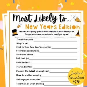New Year&#39;s Eve MOST LIKELY TO Game: Printable Party Activity (Digital Download)
