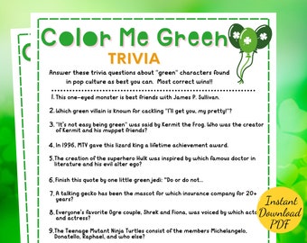 COLOR ME GREEN Trivia - St. Patrick's Day Party Game - Printable St. Patrick's Day Party Activity - St. Patrick's Trivia - Green Trivia