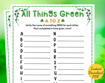 ALL THINGS GREEN A to Z - St. Patrick's Day Party  Game - Printable St. Patrick's Party Activity - A to Z - All Things Green - Kids & Adults