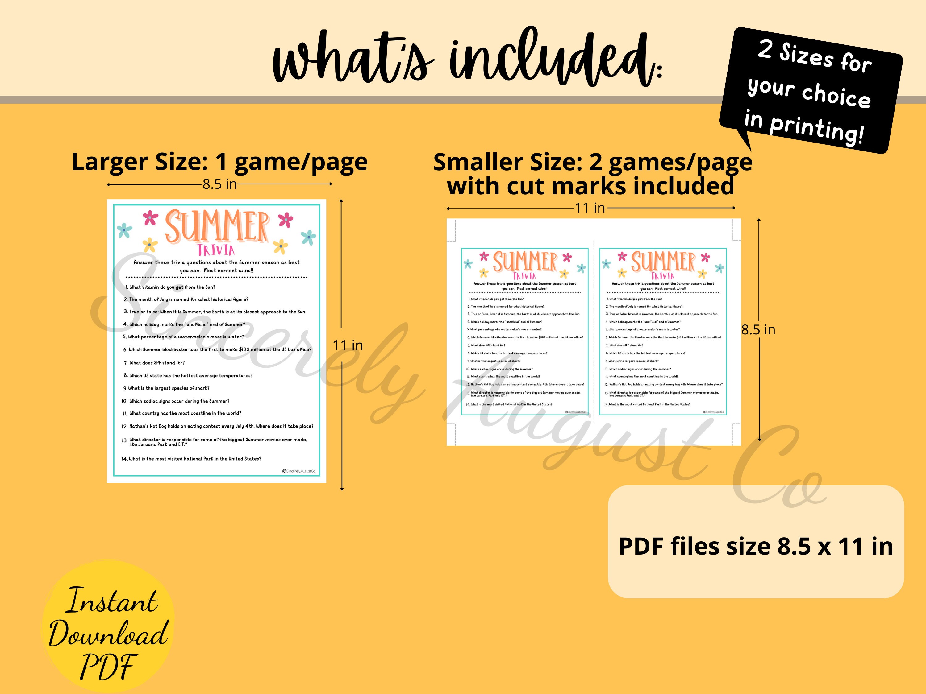 Summer TRIVIA Game Printable Summer Season Party Game Summer Trivia Fun