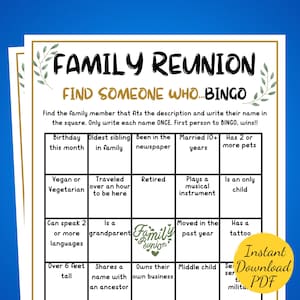 FAMILIEREUNIE BINGOspel - Familiereünie Vind de gastbingo - Familiefeestspel - Afdrukbaar bingospel - Leuk familiereüniespel