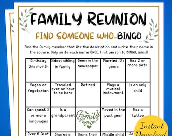 FAMILY REUNION BINGO Game - Family Reunion Find the Guest Bingo - Family Party Game - Printable Bingo Game - Fun Family Reunion Game