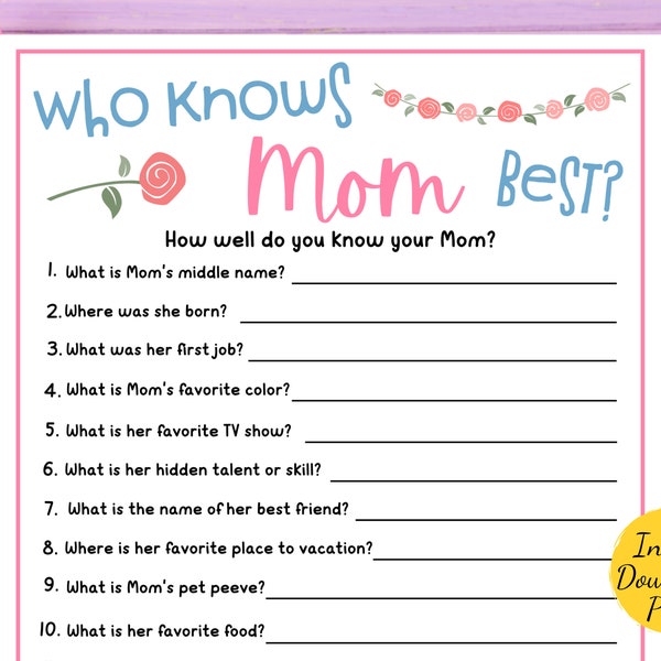 Who KNOWS MOM BEST Mothers Day Game - Mothers Day Party Game - Printable Mothers Day Activity - How Well Do You Know Mom - Mothers Day Quiz