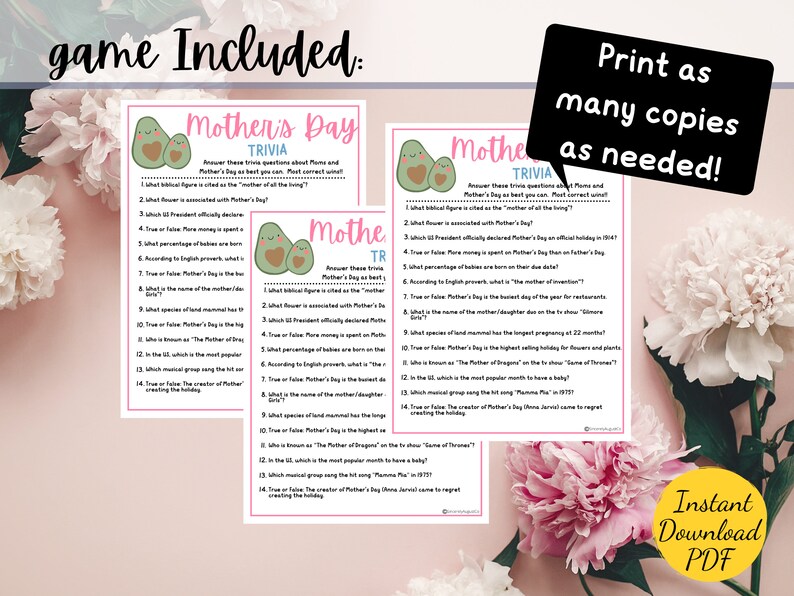 Mothers Day TRIVIA Game Mothers Day Party Game Printable Mothers Day