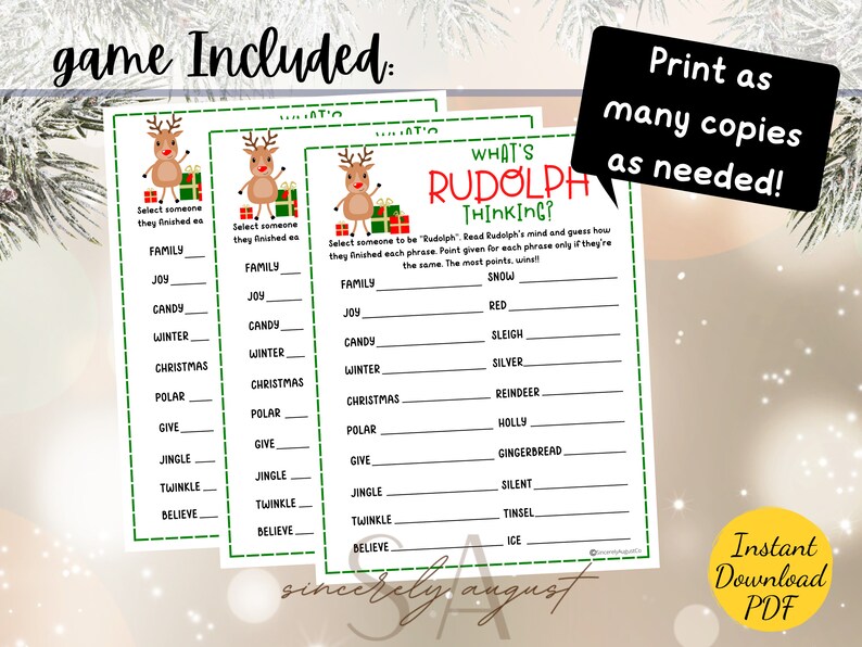 WHAT'S RUDOLPH THINKING Christmas Party Game Printable Christmas Party ...
