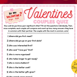 COUPLES QUIZ Valentines Day Game Valentines Day Party Game Printable ...